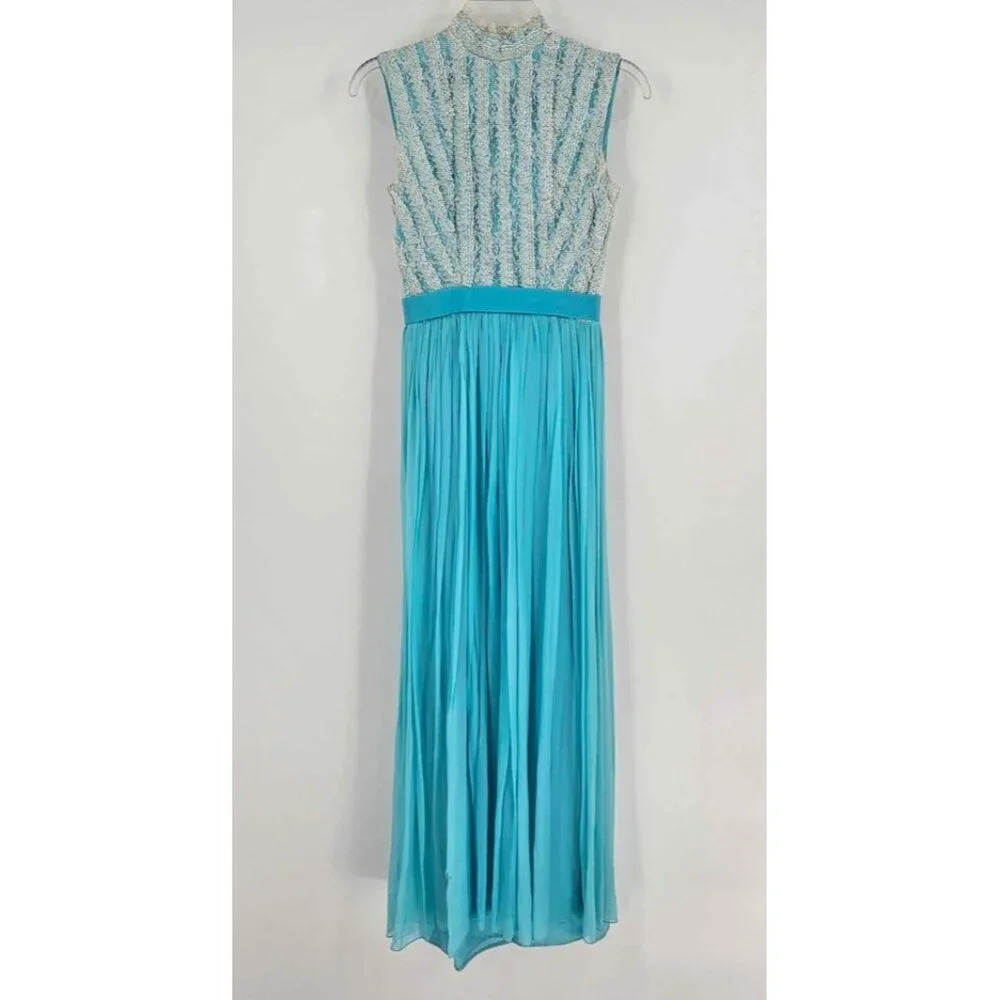 Nadine Womens 5 Vtg Aqua Chiffon High Neck White Lace Bodice Pleated Maxi Dress
